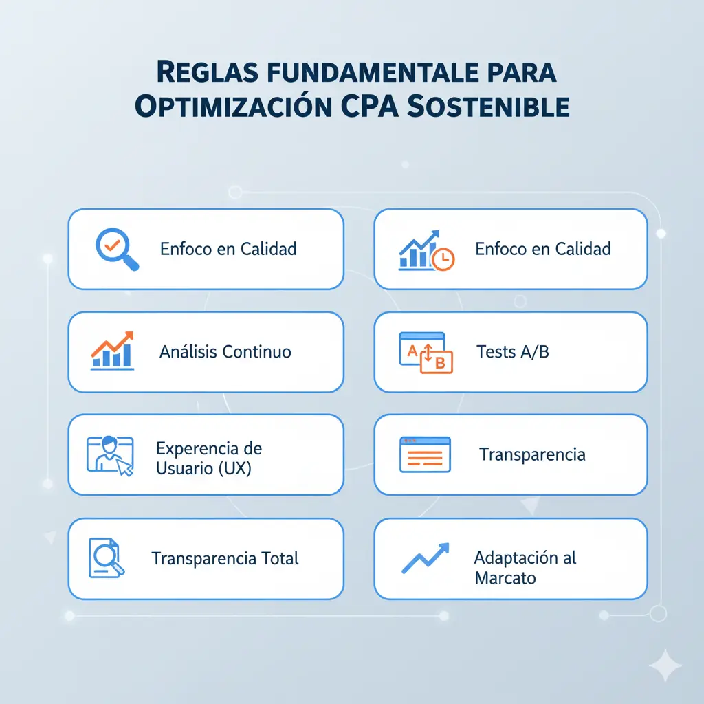 Infografía con reglas fundamentales para la Optimización CPA Sostenible en marketing digital.