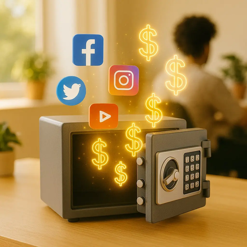 Desbloquea la Clave Oculta para tu Audiencia, Caja fuerte digital abierta con íconos de redes sociales y símbolos de dólar representando ingresos automáticos con CPA