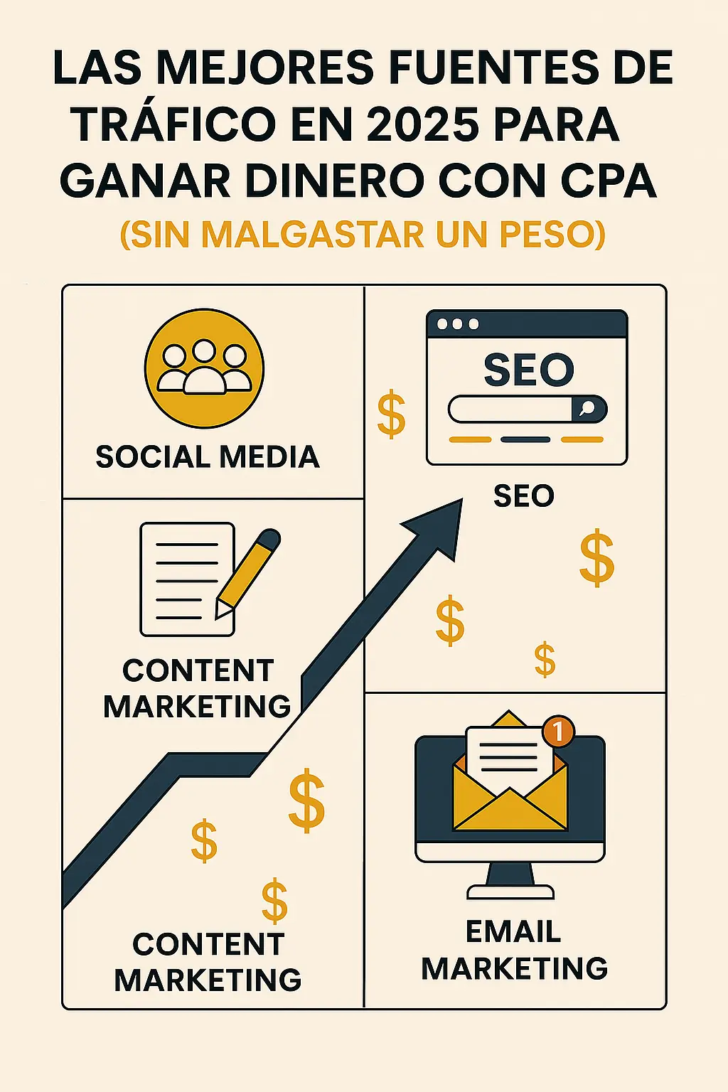 Fuentes de tráfico CPA 2025: mapa visual con SEO, TikTok, YouTube, Email y Comunidades