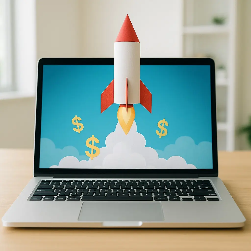 CPA para ganar dinero online desde una laptop que lanza un cohete digital