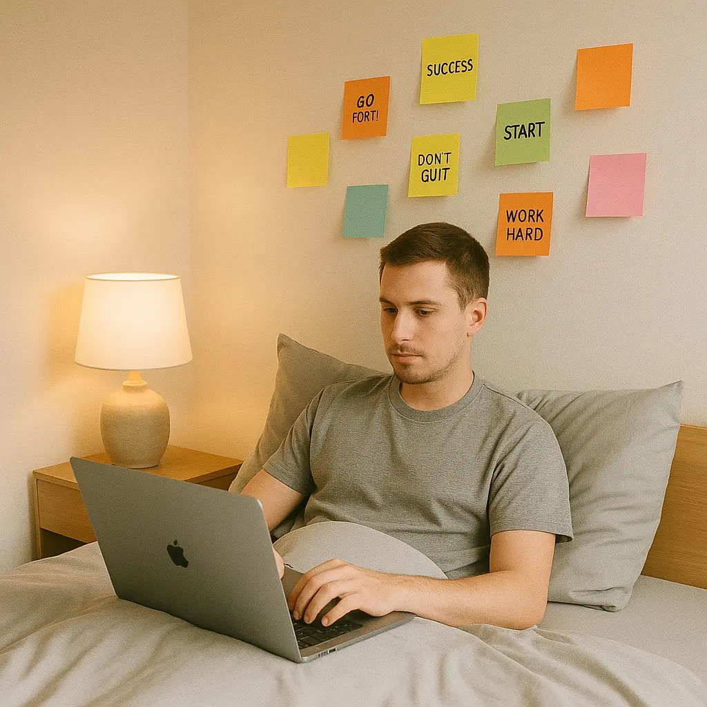 Joven autónomo trabajando desde casa con laptop, aplicando ideas reales para ganar dinero online