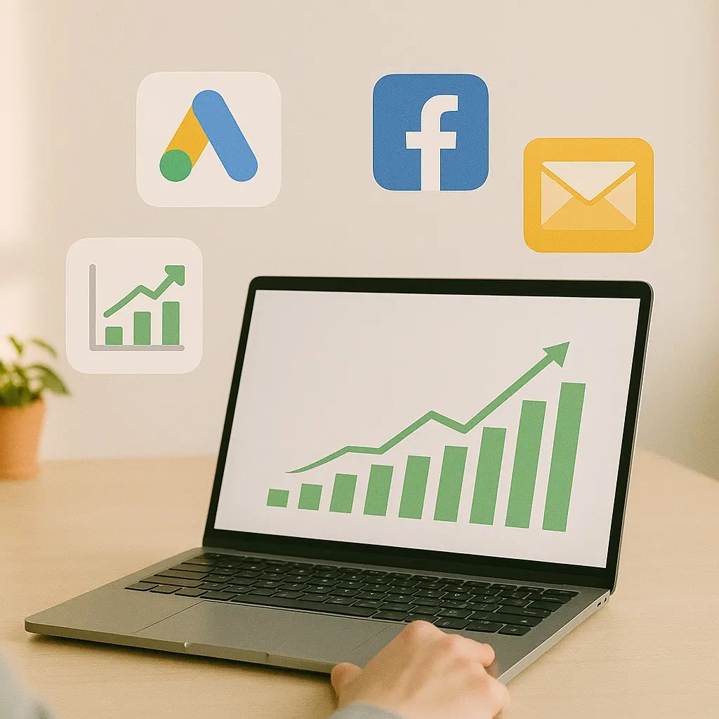 Estrategias digitales para ganar dinero en 2025 usando laptop, redes sociales, email y apps