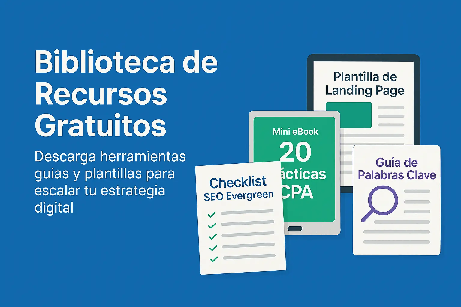 Imagen de biblioteca de recursos gratuitos en marketing digital con mockups visuales