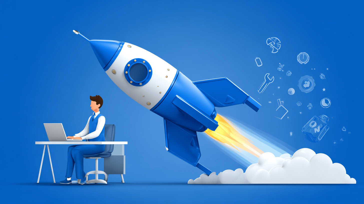 Ingresos Rápidos con CPA: Ilustración 3D de un cohete despegando para representar un lanzamiento rápido de una campaña de marketing de afiliados.