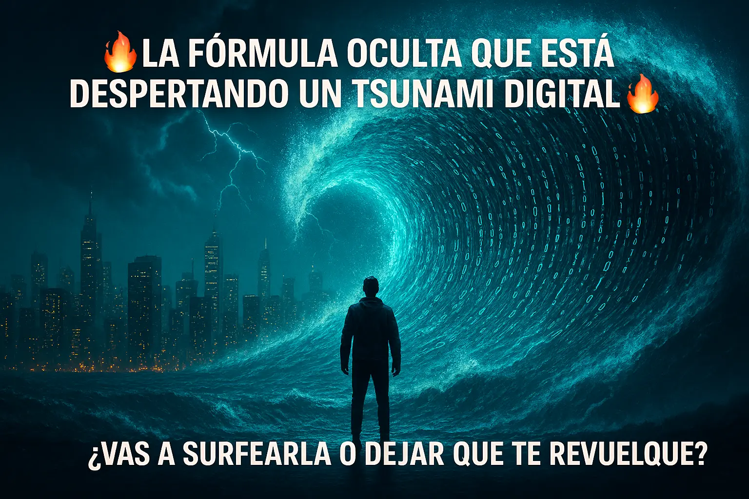 Estrategia CPA: impacto visual de un tsunami digital de datos en una ciudad futurista