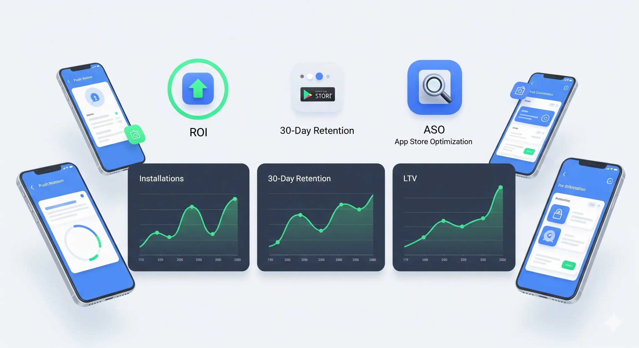 Un conjunto de iPhones y gráficos mostrando métricas de CPA en aplicaciones móviles como instalaciones, retención a 30 días y LTV (Valor de por Vida del Cliente), simbolizando el análisis y la optimización de campañas de marketing de aplicaciones.