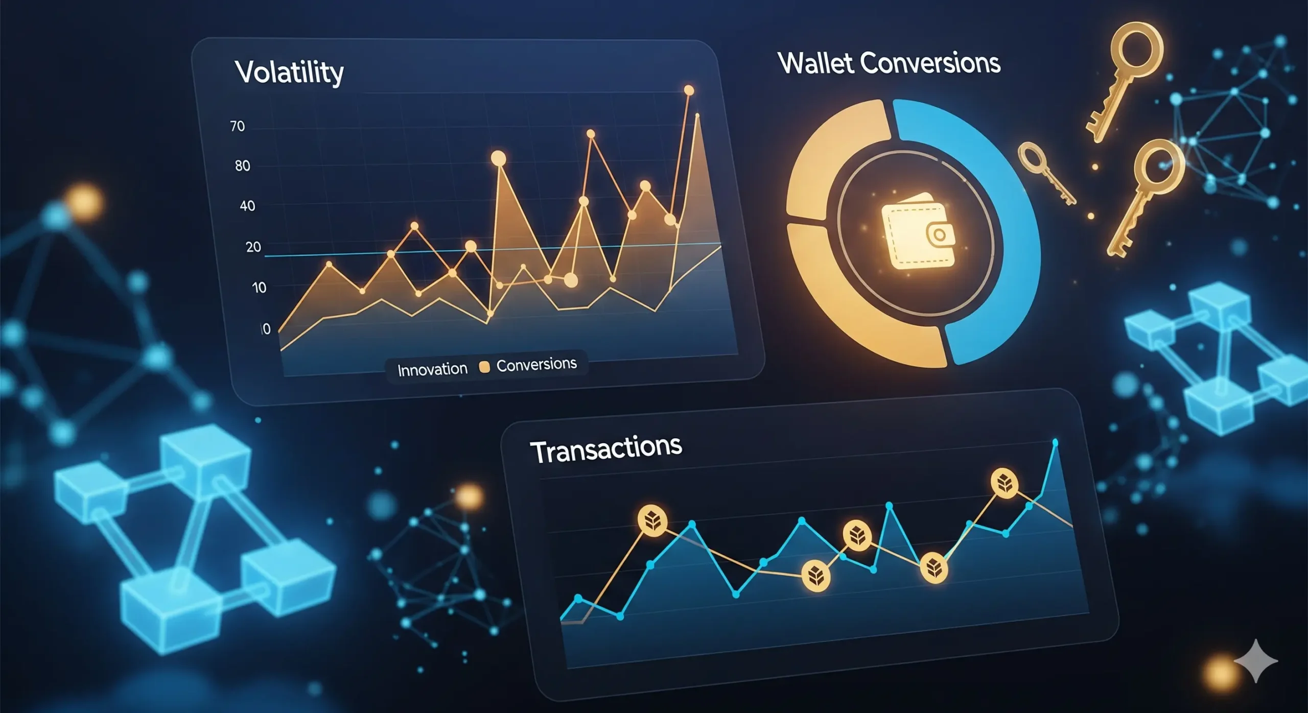 Gráficos de analítica para criptomonedas mostrando volatilidad, conversiones de billetera y transacciones.