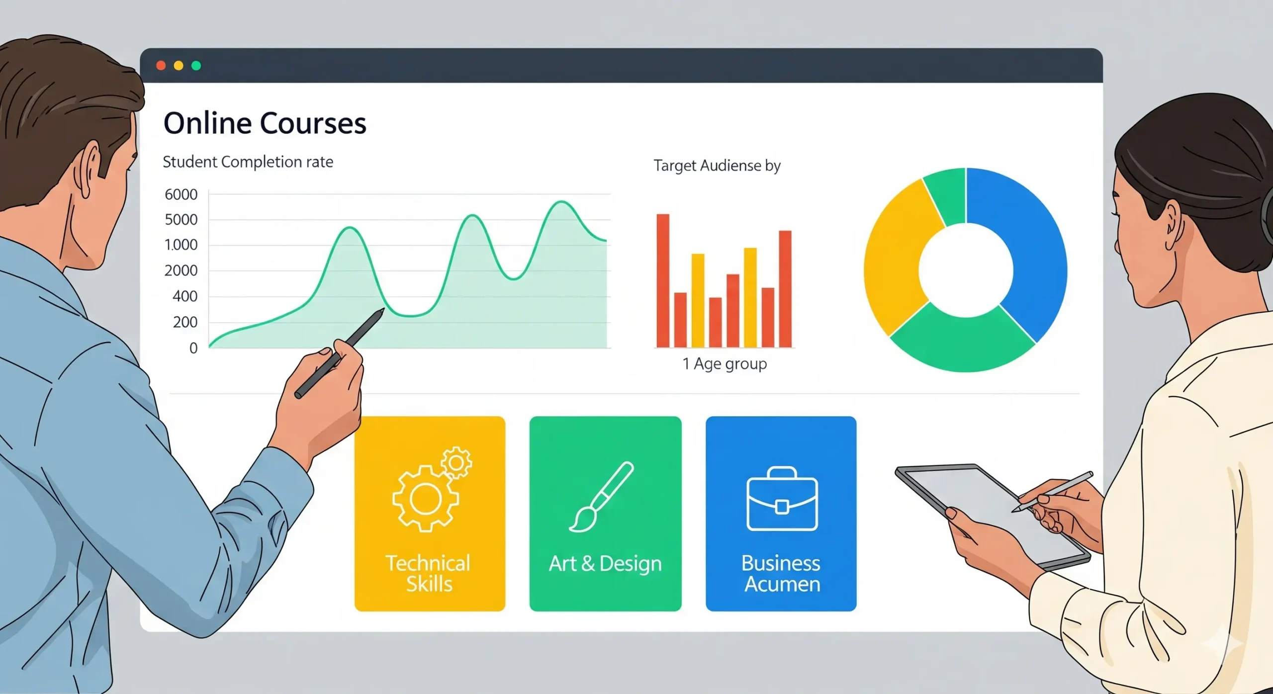 CPA en Cursos Online: Personas analizando un dashboard con métricas de rendimiento y público de cursos digitales.