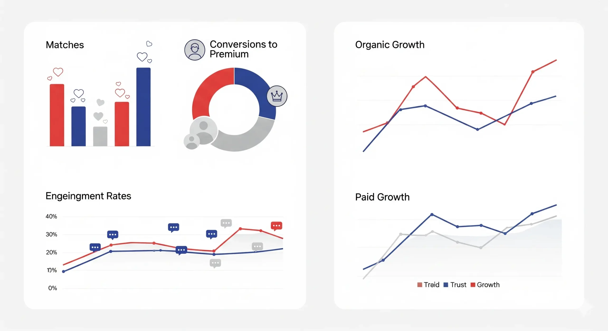 Gráficos de análisis de datos para campañas de CPA en dating, mostrando métricas como matches, tasas de engagement, conversiones a premium y crecimiento orgánico y pagado.
