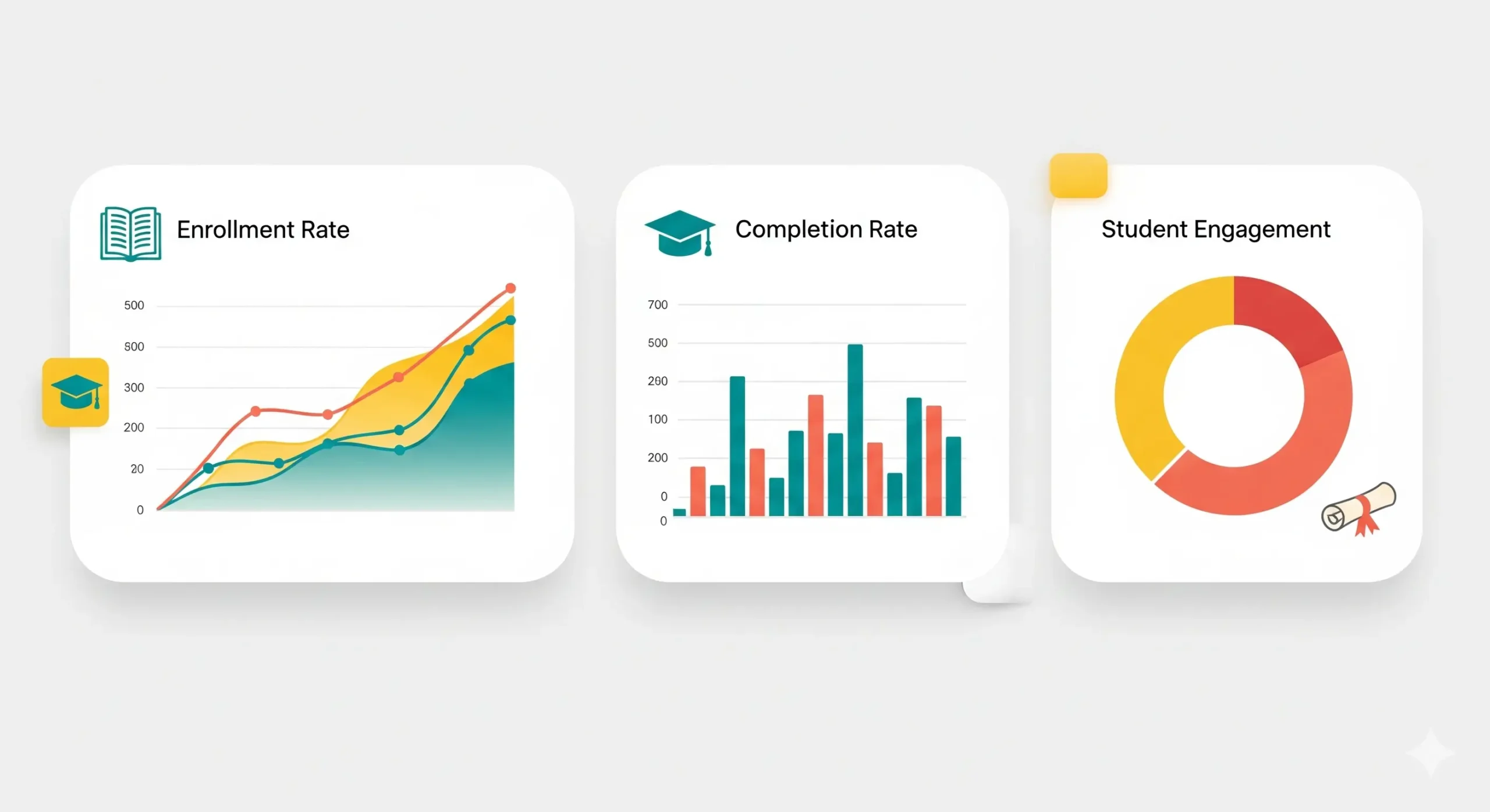 Tres gráficos de analítica para educación: uno de "Enrollment Rate" (tasa de inscripción) mostrando una curva de crecimiento, otro de "Completion Rate" (tasa de finalización) con barras de progreso, y un gráfico de "Student Engagement" (participación del estudiante) en forma de dona.