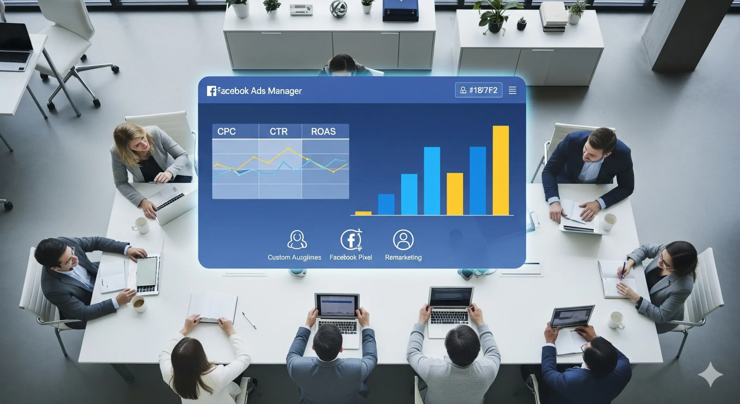 Un grupo de profesionales del marketing discutiendo métricas de Facebook Ads CPA alrededor de una mesa.