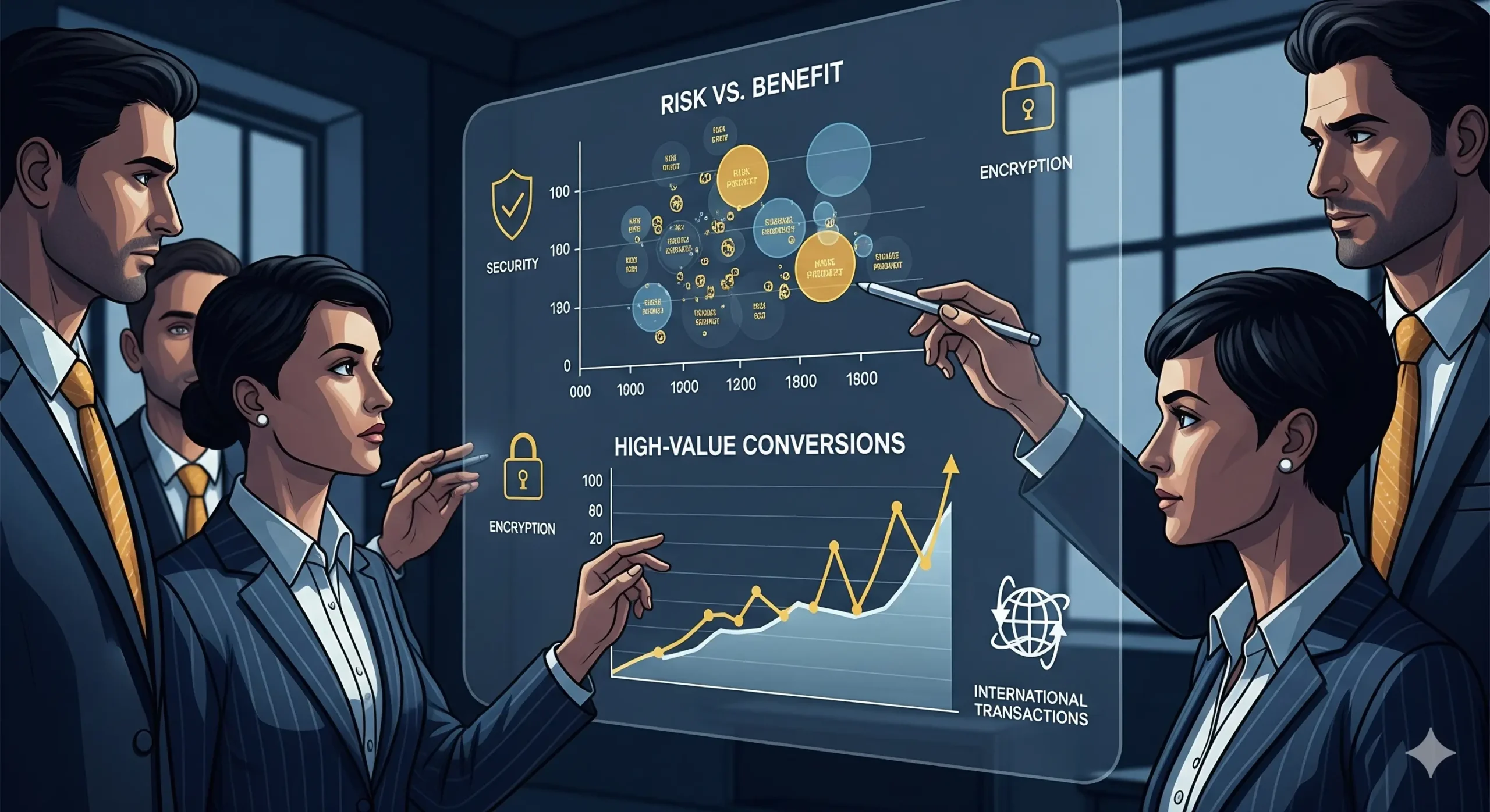 Un equipo de ejecutivos analizando gráficos de datos financieros en una pantalla holográfica, incluyendo un gráfico de "Riesgo vs. Beneficio" y otro de "Conversiones de alto valor", simbolizando las estrategias para el CPA en finanzas.
