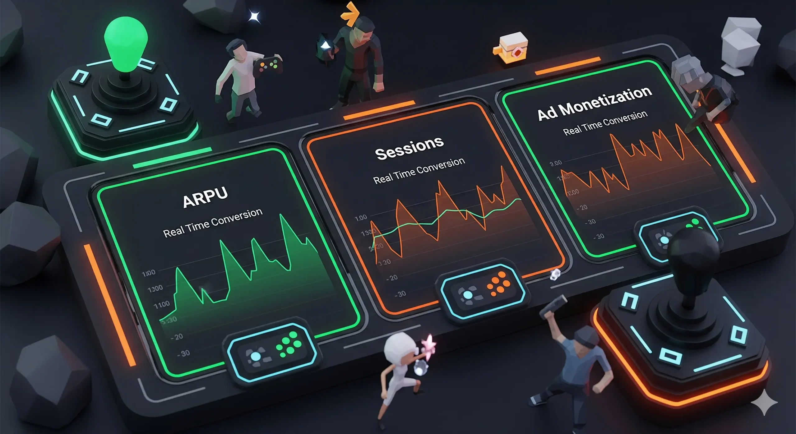 Un panel de control futurista con gráficos de métricas de videojuegos como ARPU (Ingresos Medios por Usuario), Sesiones y Monetización de Anuncios, con figuras de jugadores alrededor, ilustrando el análisis de datos en el CPA en gaming.