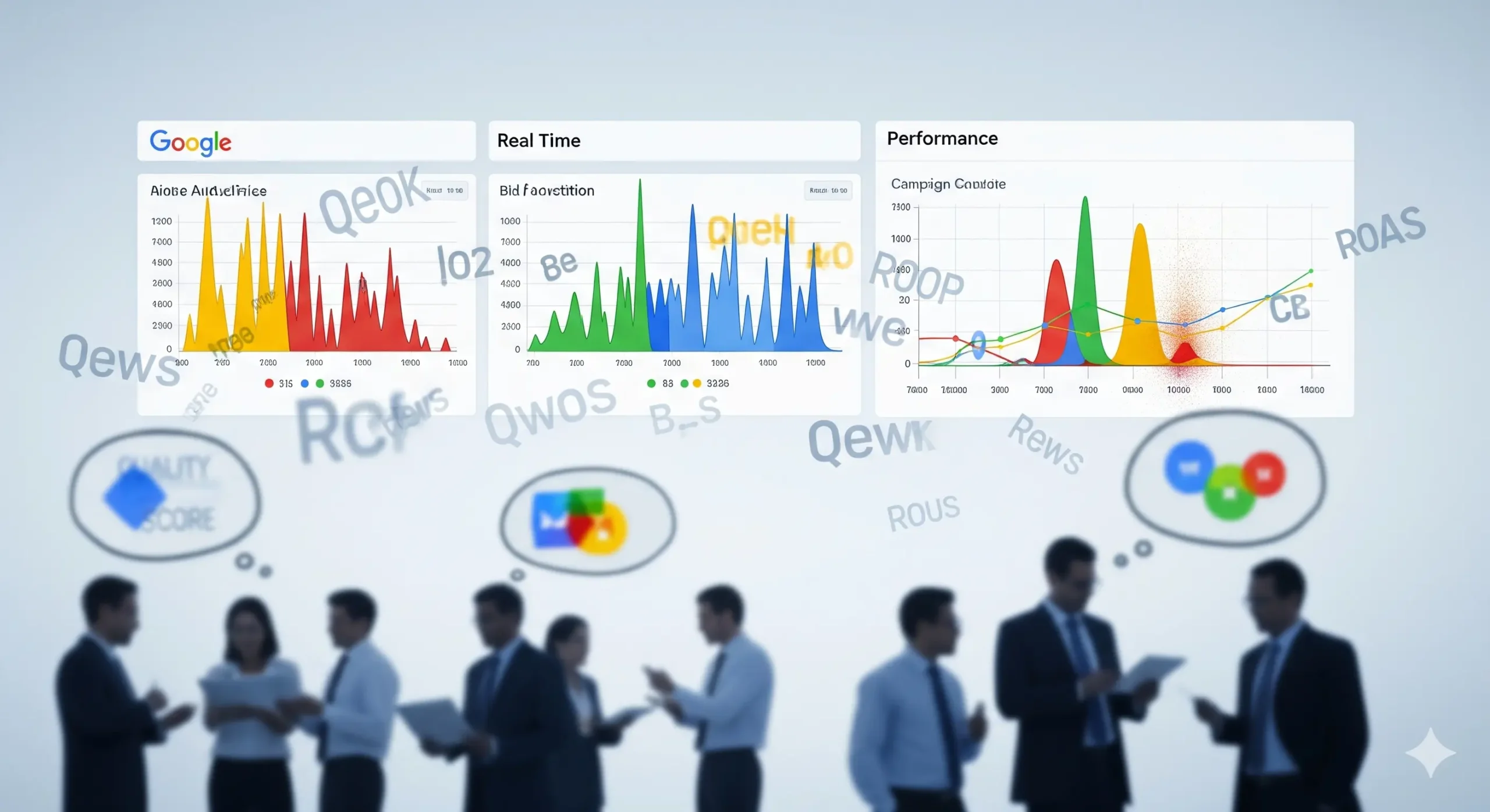 Un conjunto de gráficos y métricas de rendimiento de campañas de Google Ads CPA, incluyendo calidad de la palabra clave, puja en tiempo real y resultados de campañas de display. Una multitud de personas de negocios está observando las estadísticas de conversión.