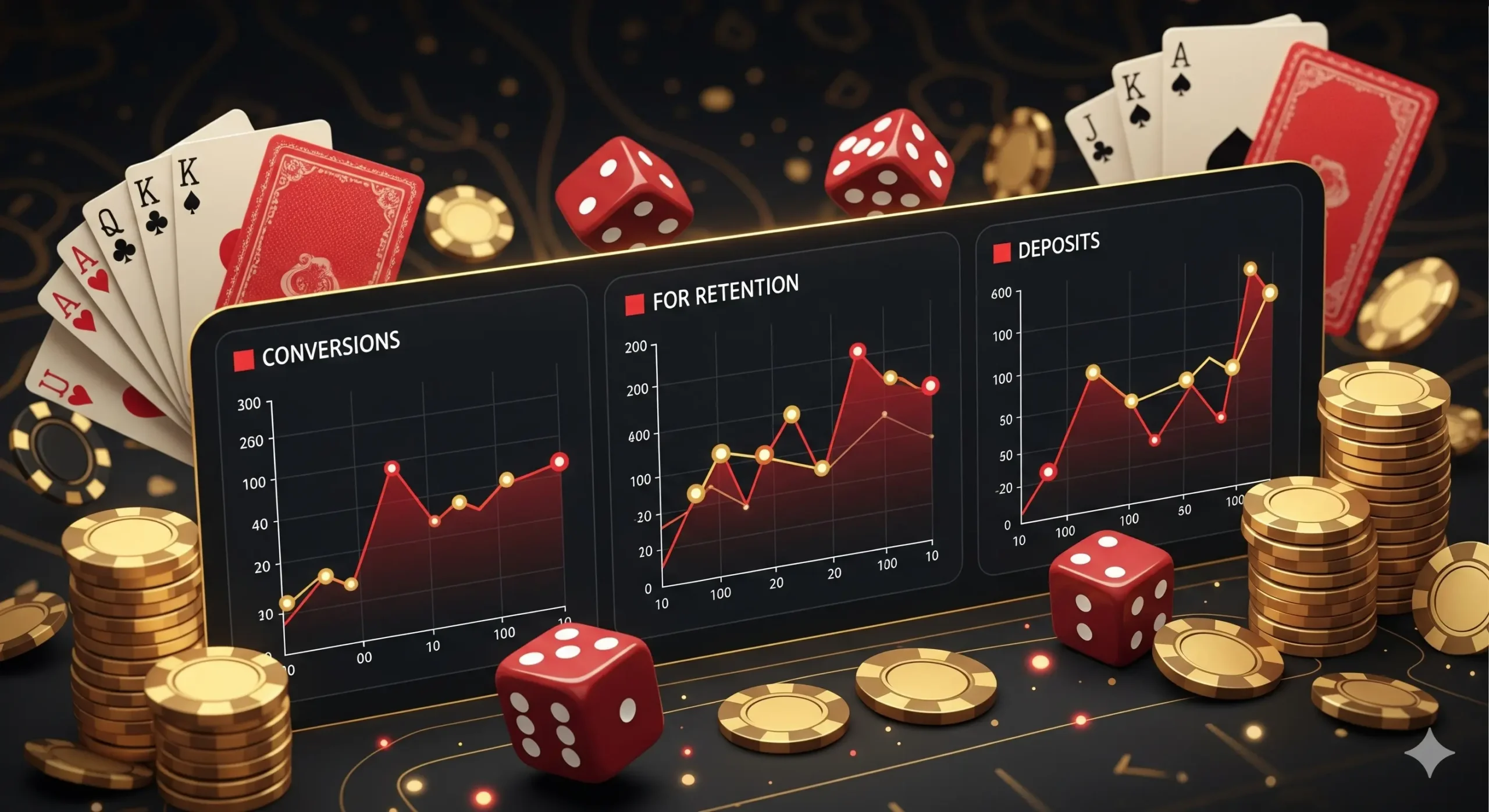 Dashboard de métricas para CPA en juegos de apuestas y casinos online, mostrando gráficos de conversiones, retención y depósitos, con dados, fichas y cartas de póker alrededor.