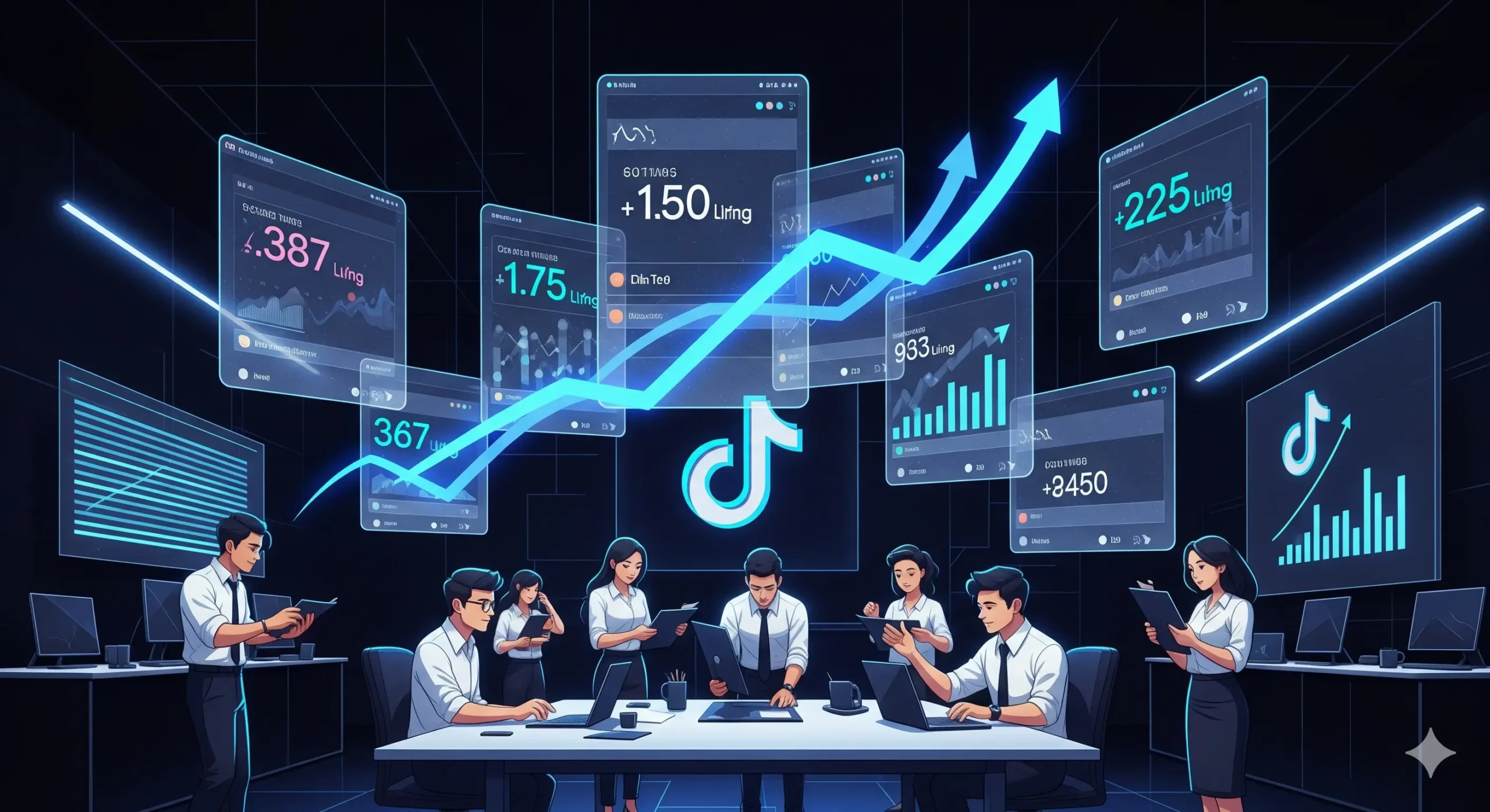Una imagen que muestra la explosión de crecimiento de campañas en TikTok Ads CPA. Un panel de control con gráficos ascendentes, donde un equipo de analistas de negocio celebra los resultados mientras monitorean las métricas de ROI, conversiones y crecimiento viral. Es la representación visual de un triunfo monumental en el marketing de afiliados.