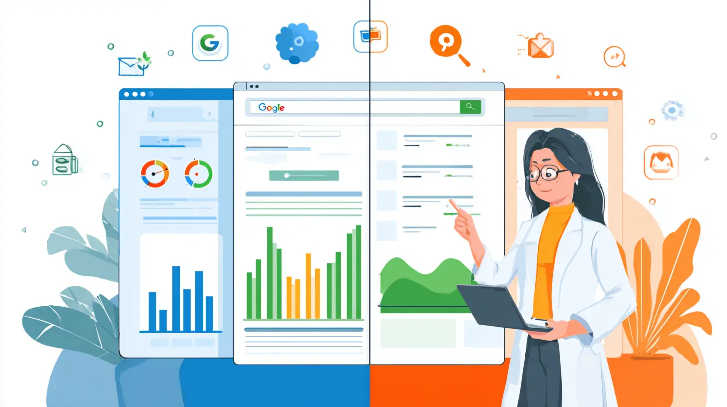 Una científica con bata de laboratorio señala un tablero con gráficos de barras, métricas y datos de marketing digital, representando el análisis y la optimización de las fuentes de tráfico CPA.