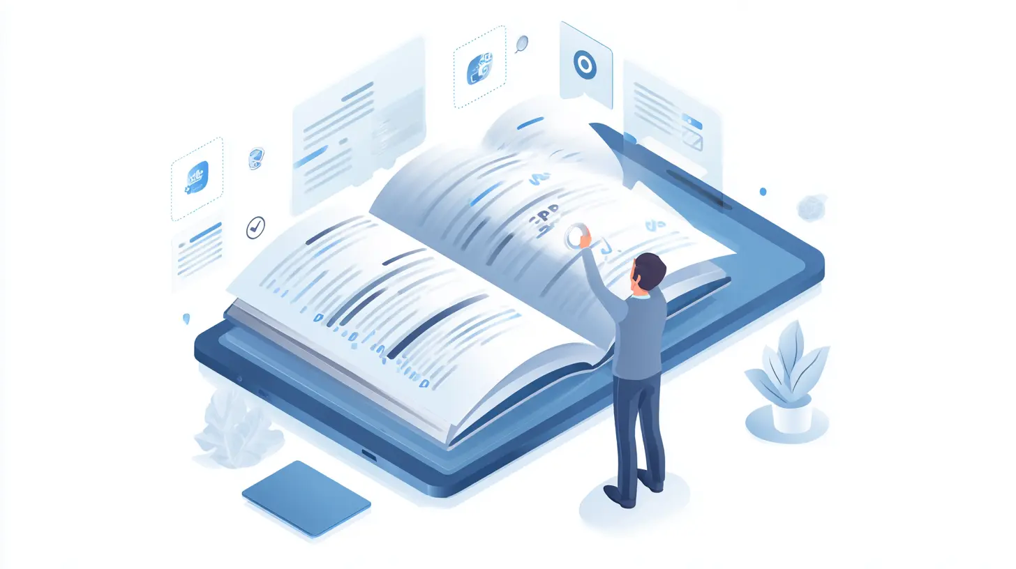 Un hombre de pie junto a un libro digital abierto en una tableta grande, usando una lupa para examinar los términos, rodeado de íconos de marketing digital, representando el estudio y la comprensión de un glosario CPA.