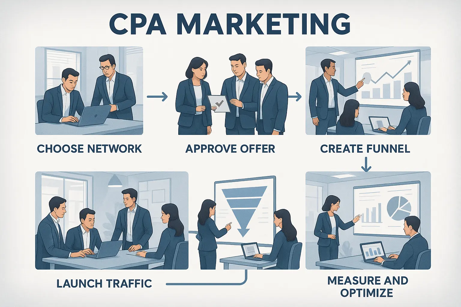 Diagrama de flujo del marketing CPA, mostrando los pasos para lanzar y optimizar una campaña: elegir red, aprobar oferta, crear embudo, lanzar tráfico y medir resultados.