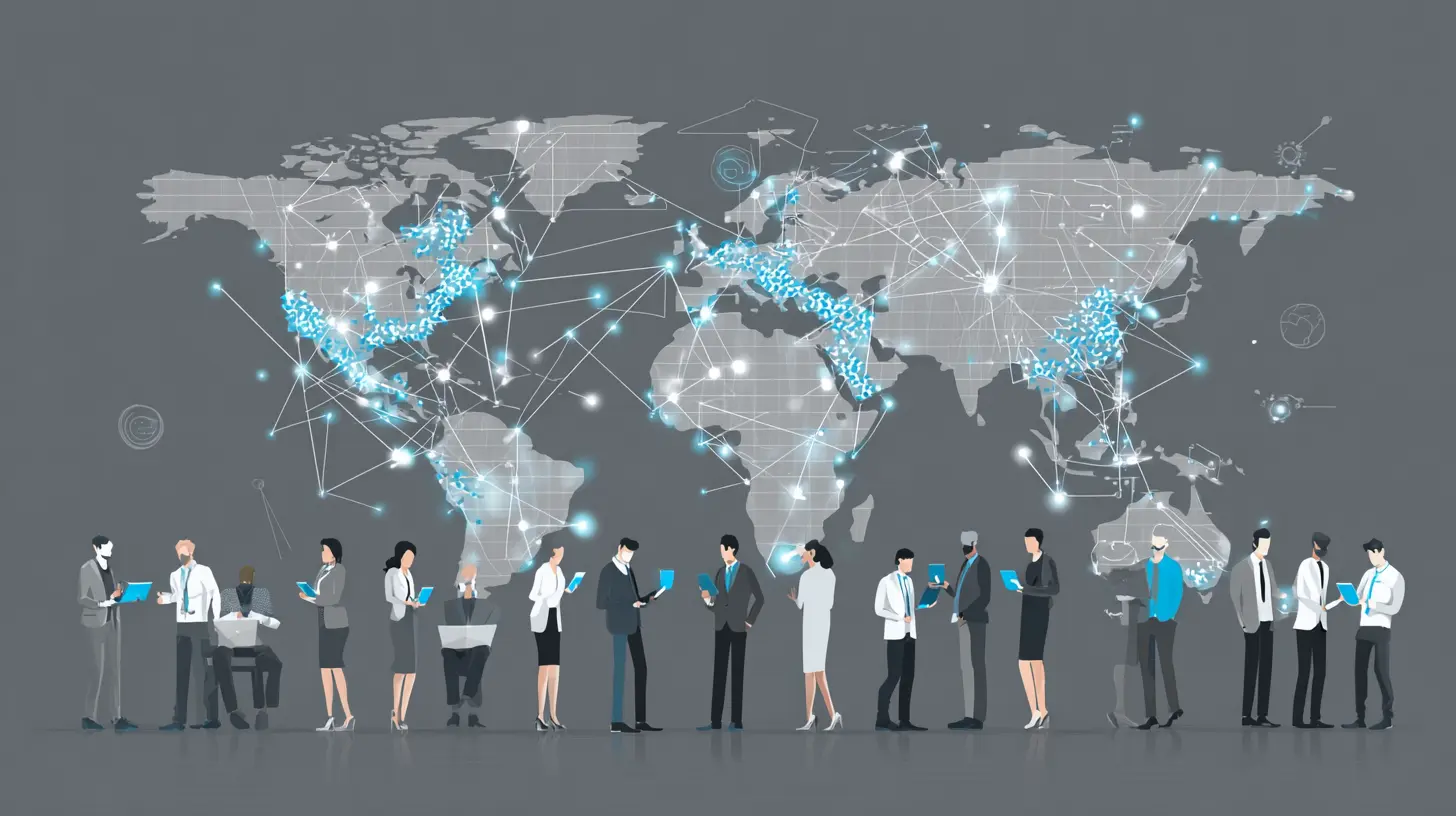 Plataformas CPA globales 2025: mapa mundial iluminado con conexiones digitales y personas de negocios escalando oportunidades.