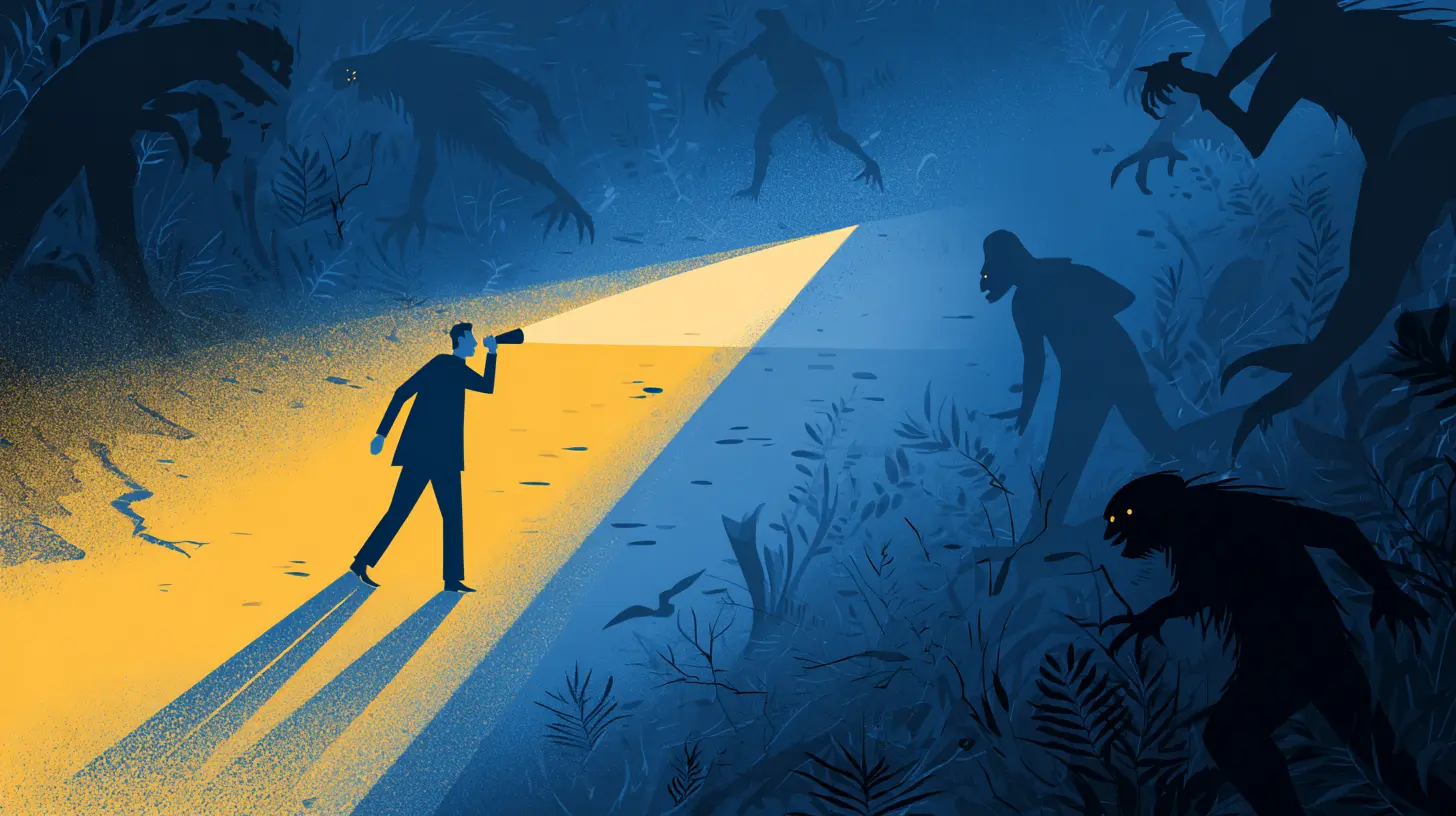 Mitos del CPA: persona con linterna ilumina un sendero oscuro mientras figuras amenazantes acechan, símbolo de revelar verdades ocultas.