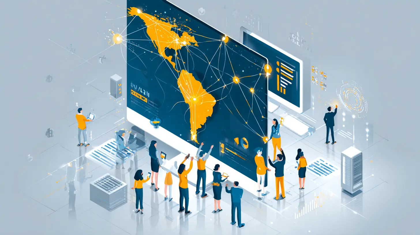 Un mapa digital de América Latina con personas interactuando con gráficos de datos y un mapa de red, representando el crecimiento del marketing de afiliación y las plataformas CPA en la región.