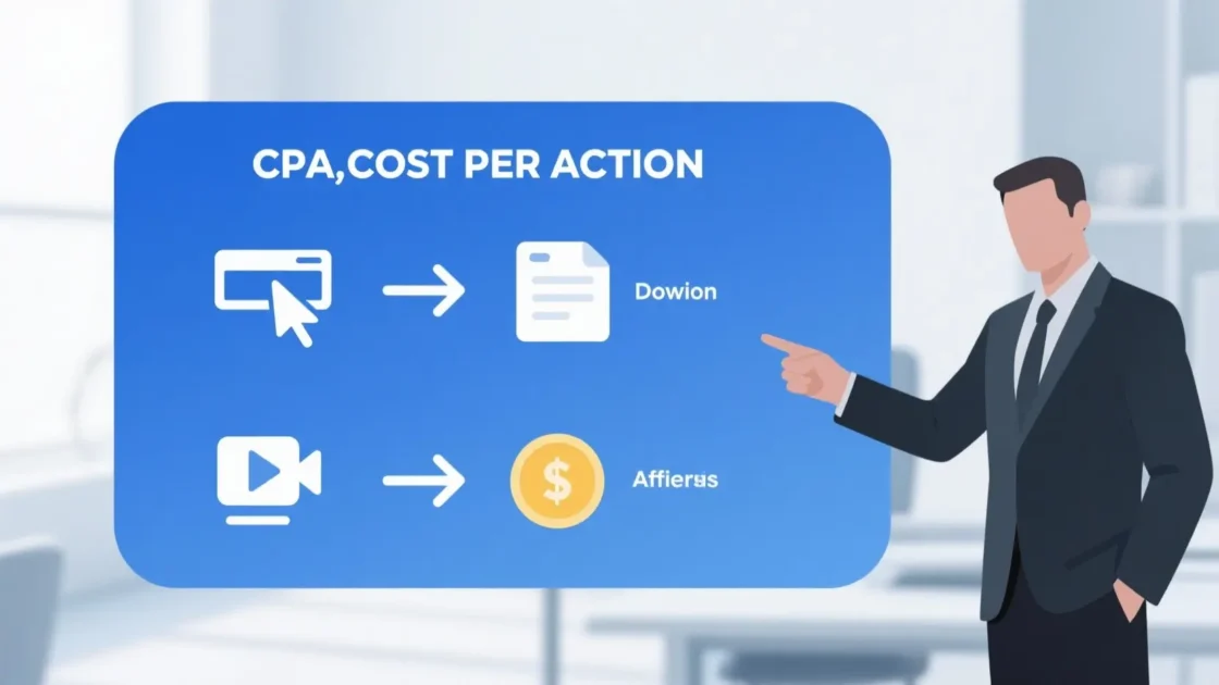 Qué es CPA, Cost Per Action, con un afiliado señalando los flujos de descarga y conversión a dinero, ilustrando el marketing de afiliados.