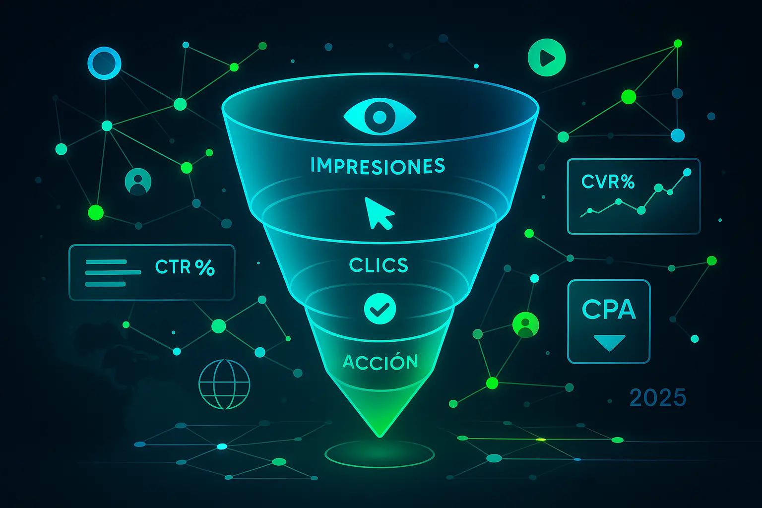 Tráfico CPA HOY: embudo de conversión 2025 con Impresiones, Clics y Acción, métricas CTR, CVR y CPA en estilo futurista.
