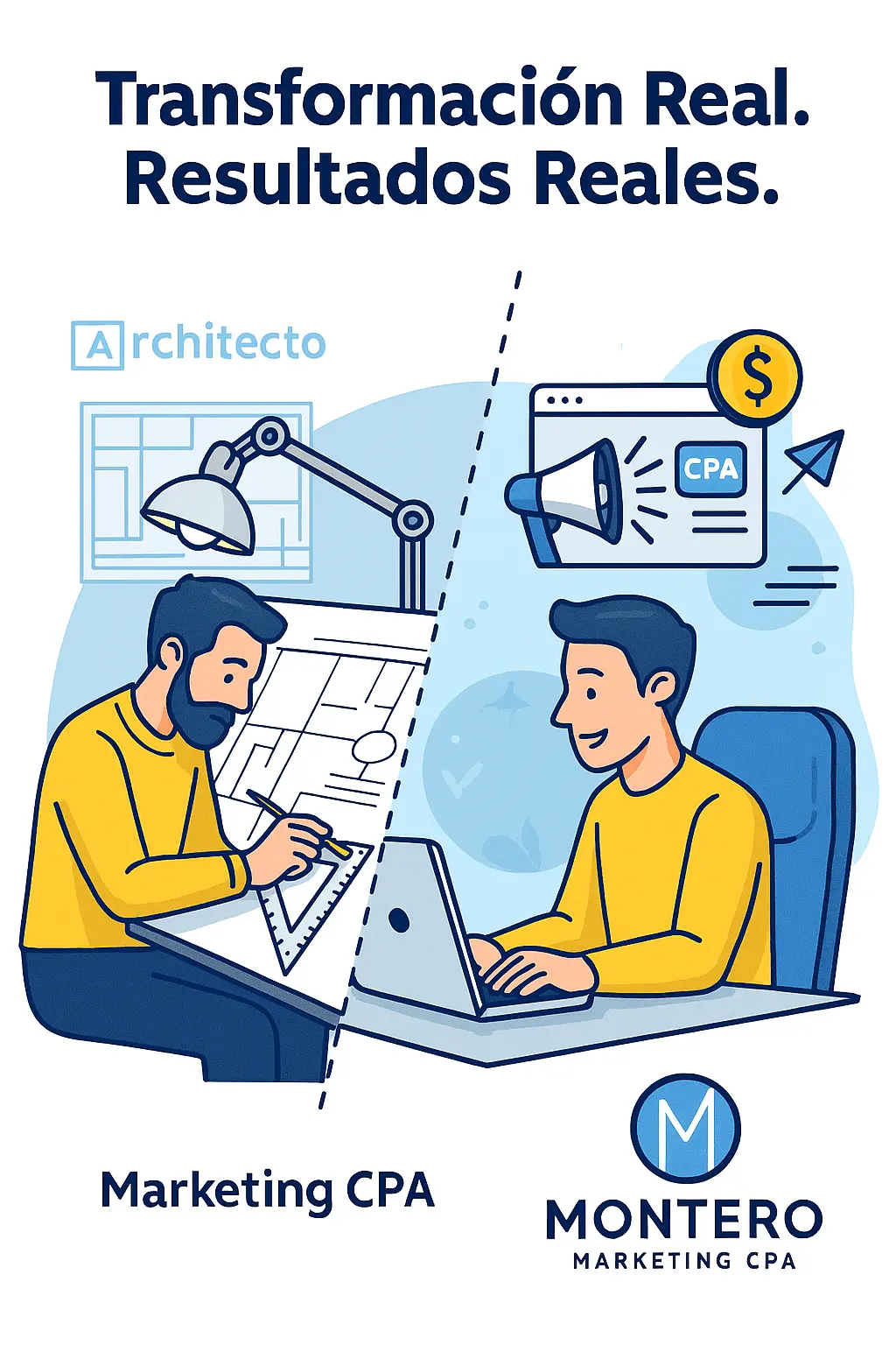 Transformación Real: De Arquitecto a Estratega en CPA Marketing Ilustración de Jaime Montero mostrando su transición profesional de arquitecto a experto en marketing Estrategia CPA para Obtener Ingresos