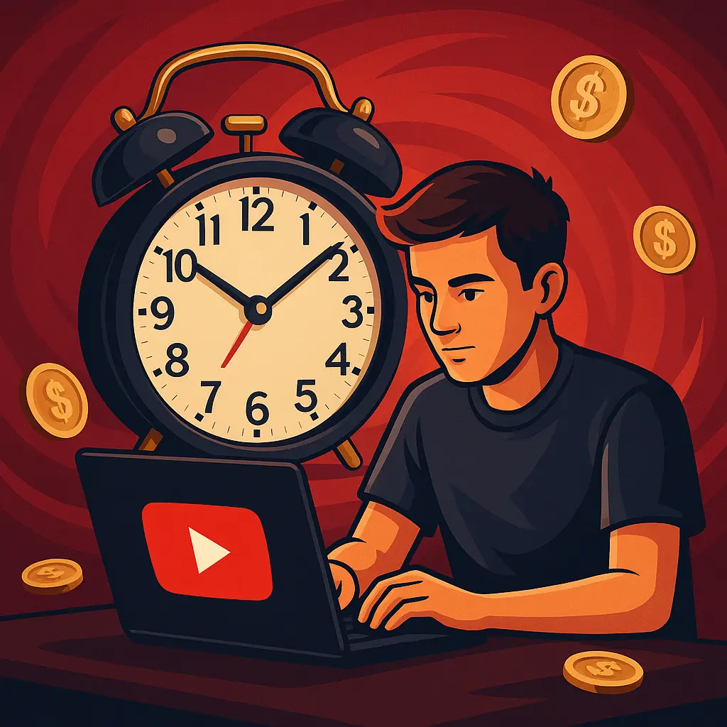 Ilustración de creador iniciando en YouTube frente a un reloj gigante, simbolizando que hoy es el momento de empezar un canal